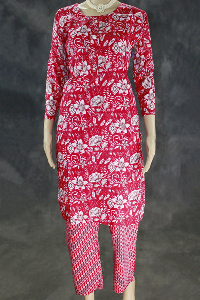 Pink Cotton Printed Kurti and Elastic Pant Set – 2-Piece Ethnic Wear - Pink