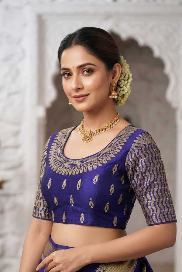 Bright Royal Blue Designer Padded Blouse with Golden Zari Embroidery, Fully Stitched, Elbow Sleeve, Back Knot - Bright Royal blue