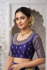 Bright Royal Blue Designer Padded Blouse with Golden Zari Embroidery, Fully Stitched, Elbow Sleeve, Back Knot - Bright Royal blue