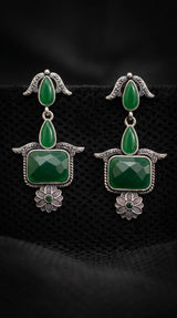 Green Oxidised Silver Teardrop & Rectangle Drop Earrings with Stone Finish for Traditional Ethnic Wear - Green