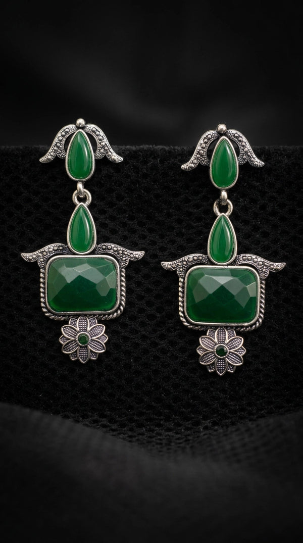 Green Oxidised Silver Teardrop & Rectangle Drop Earrings with Stone Finish for Traditional Ethnic Wear - Green