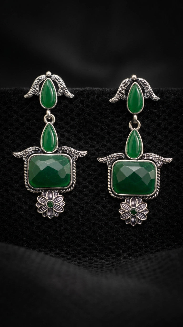 Green Oxidised Silver Teardrop & Rectangle Drop Earrings with Stone Finish for Traditional Ethnic Wear - Green