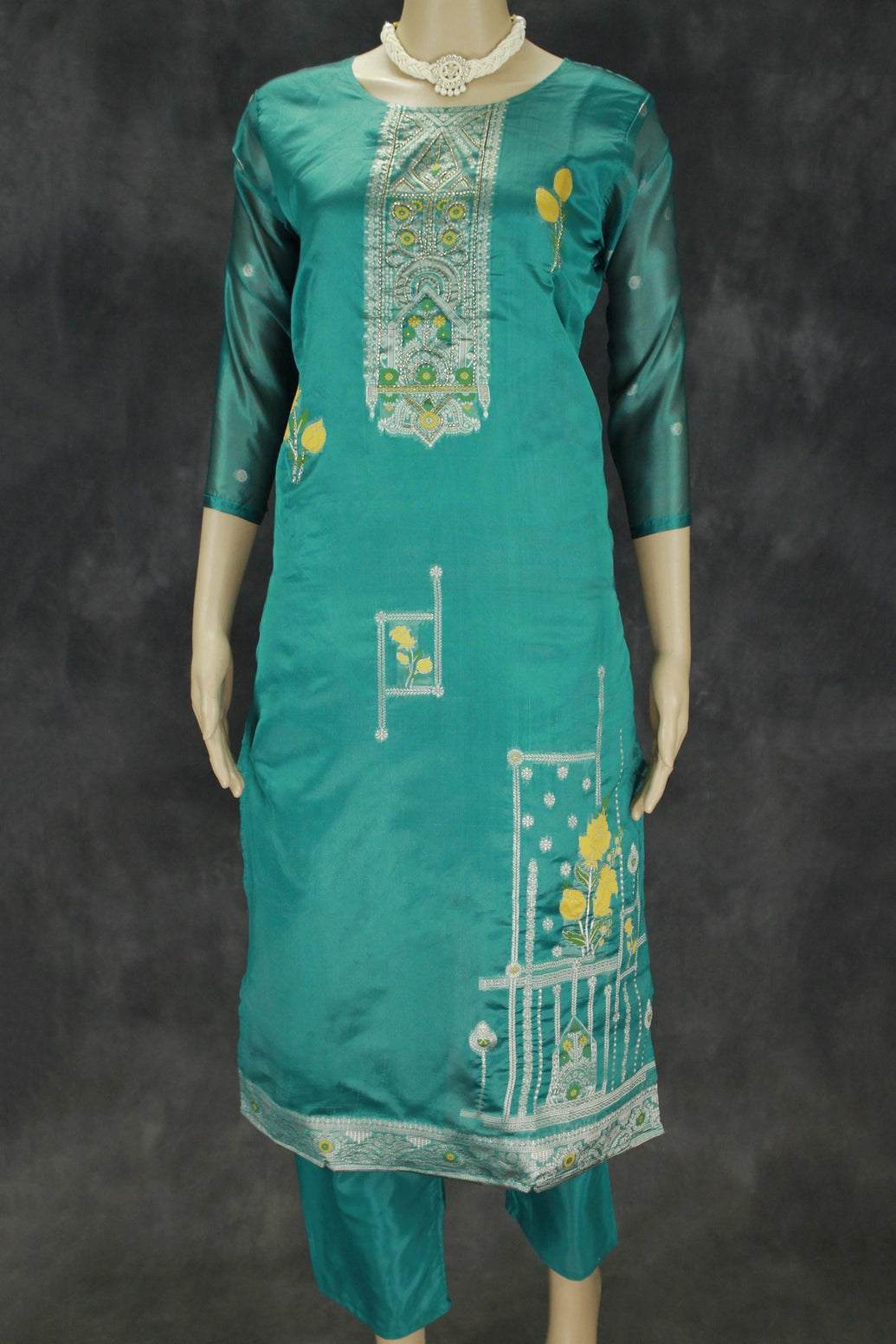Teal Blue Jacquard Kurti Set with Bead Handwork — 3-Piece Pakistani Style Top, Elastic Pants and Jacquard Dupatta