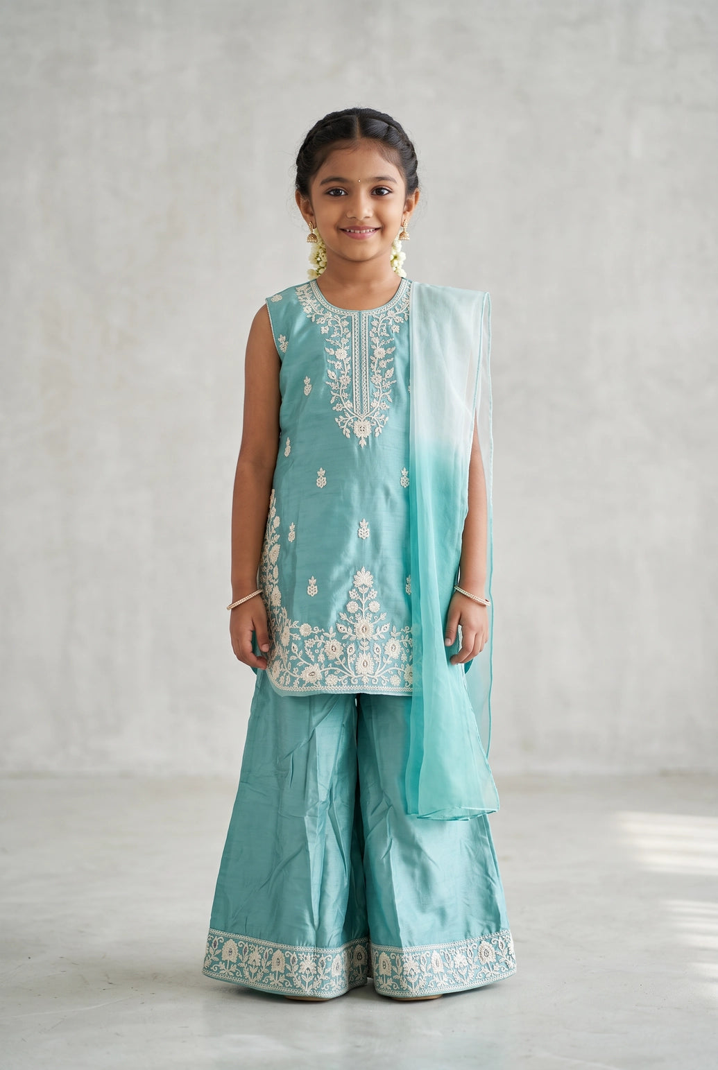 Girls Chanderi 3-Piece Palazzo Set with Embellished Sleeveless Kurti, Matching Palazzo & Dupatta