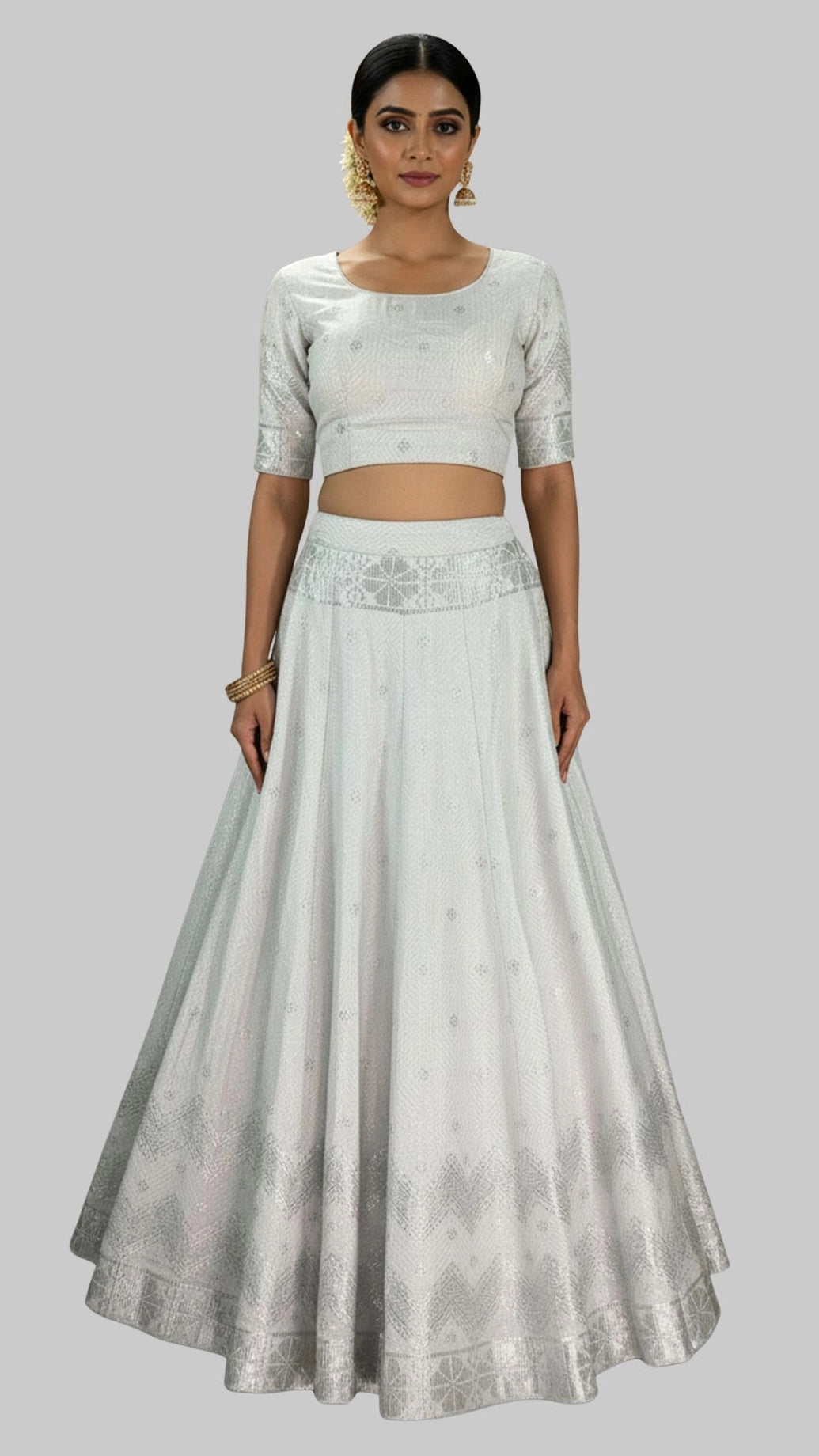 White Jacquard Silk Lehenga with Matching Elbow Sleeve Blouse and Zari Motifs - White