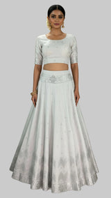 White Jacquard Silk Lehenga with Matching Elbow Sleeve Blouse and Zari Motifs - White