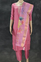 Soft Pink Roman Silk 3-Piece Salwar Kameez Set with Aari & Pearl Neck Embroidery and Organza Digital Dupatta Kurti JCS Fashions Soft pink Small (36)