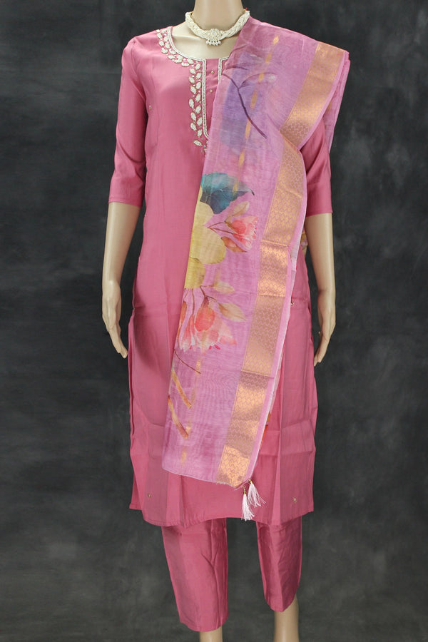 Soft Pink Roman Silk 3-Piece Salwar Kameez Set with Aari & Pearl Neck Embroidery and Organza Digital Dupatta Kurti JCS Fashions Soft pink Small (36)