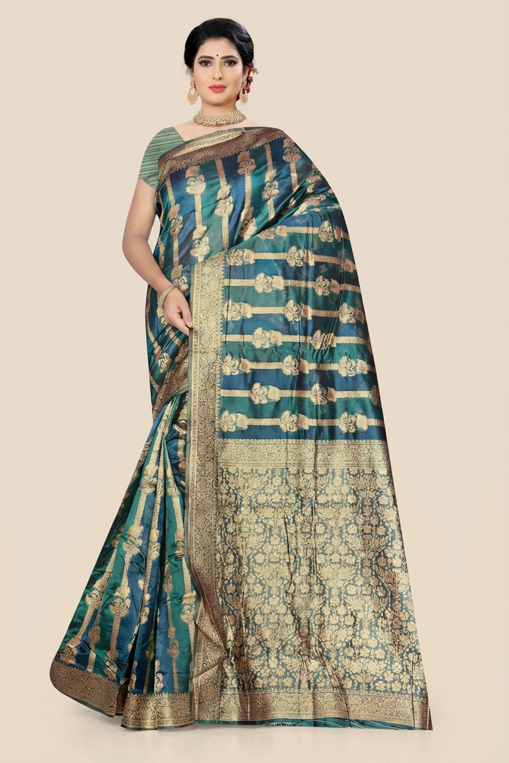 Peacock Blue Organza Silk Designer Saree with Floral Weave, Zari Border and Grand Pallu - Peacock Blue