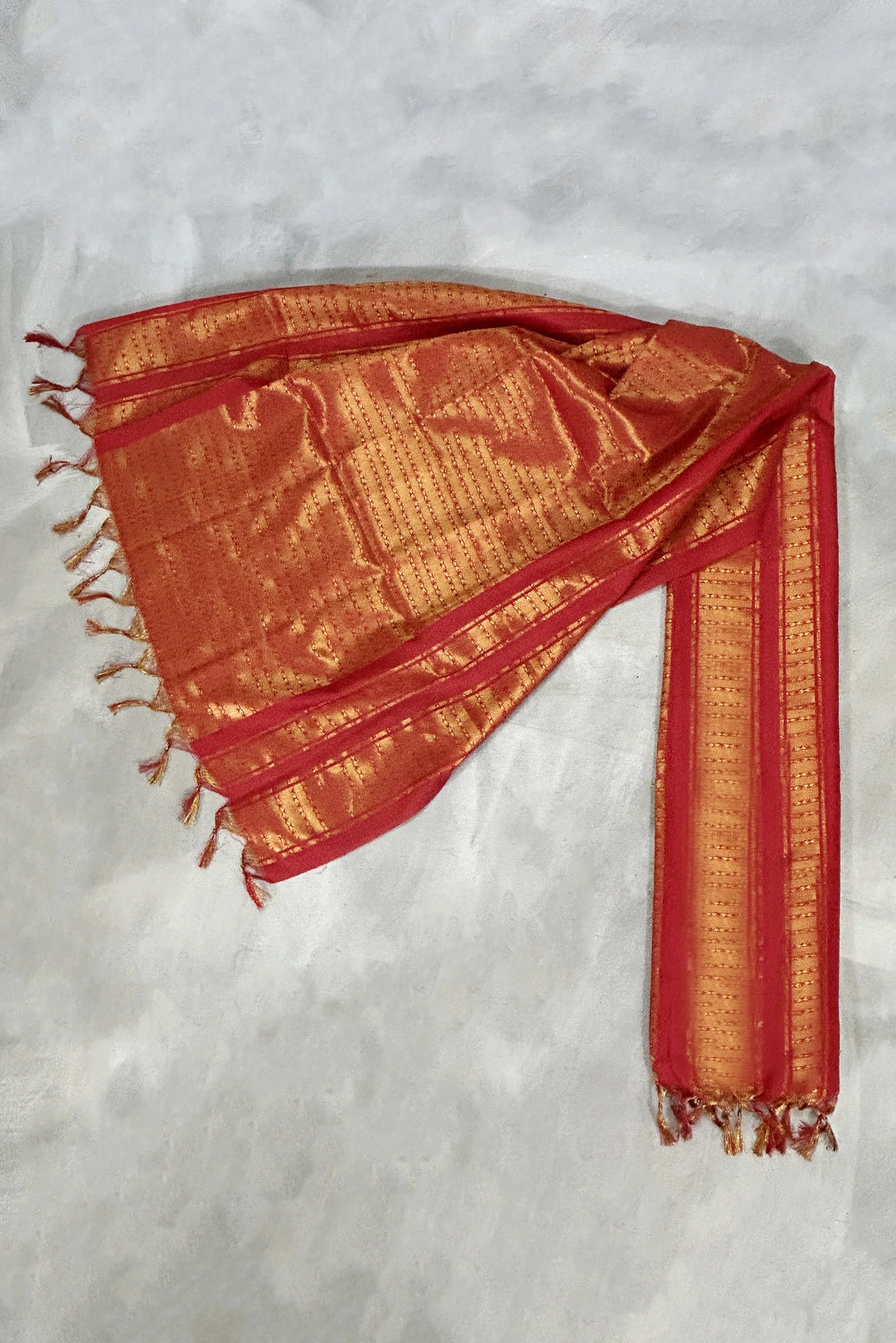 Red Ponnadai Poly Silk Jacquard Temple Shawl with Zari-Style Pattern & Tassels | 2 Meter Traditional Dupatta - Red