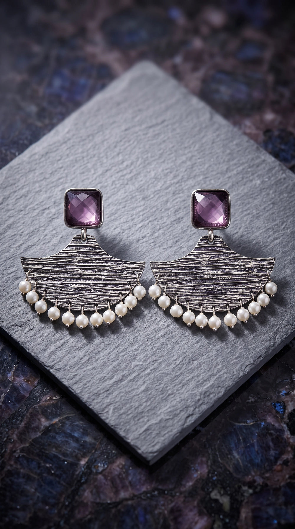 Purple Stone Triangular Dangler Earrings with Pearl Beads, Silver-Toned Fashion Jewellery for Party & Festive Wear - Purple