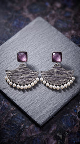 Purple Stone Triangular Dangler Earrings with Pearl Beads, Silver-Toned Fashion Jewellery for Party & Festive Wear - Purple