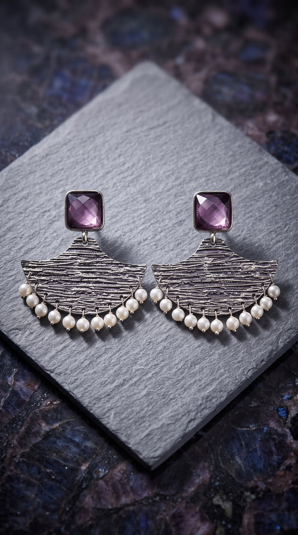 Purple Stone Triangular Dangler Earrings with Pearl Beads, Silver-Toned Fashion Jewellery for Party & Festive Wear - Purple