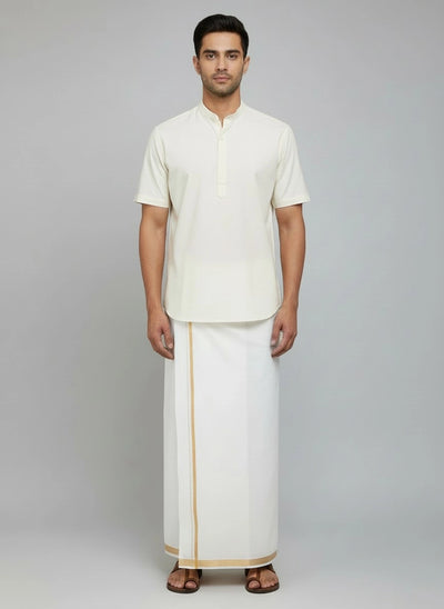Men White Cotton Double Dhoti with Gold Zari Border (4 Metre) – Traditional Wedding & Festival Wear - White