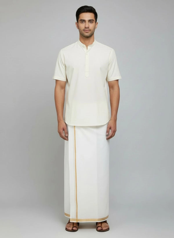 Men White Cotton Double Dhoti with Gold Zari Border (4 Metre) – Traditional Wedding & Festival Wear - White