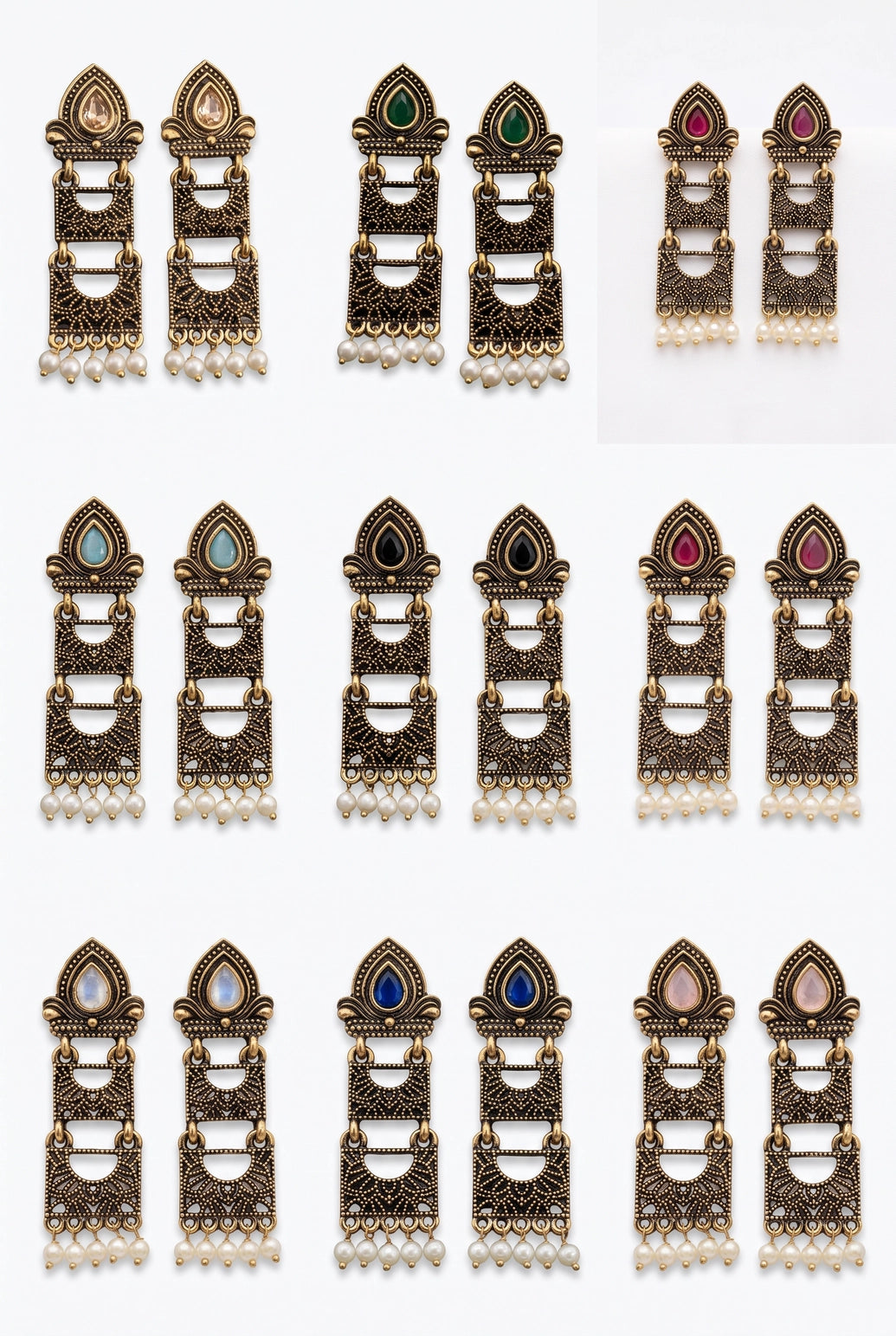 Sona Novelty Antique Gold-Tone Traditional Drop Earrings with Pearl Bead Drops, Rectangular Pattern Panels