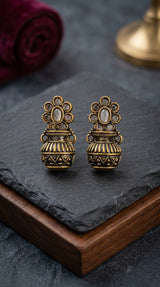 Grey Antique Gold-Tone Floral Stud Jhumka Earrings with Champagne Crystal Petal Design - Grey