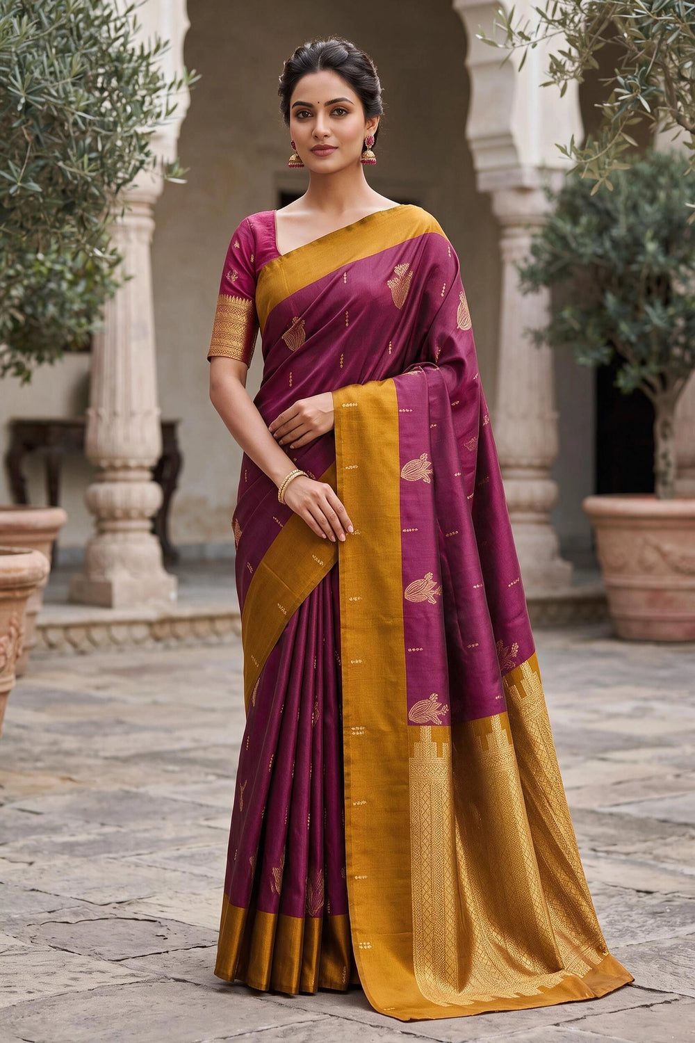 Peach & Wine Soft Silk Saree with Contrast Border and Buti Design - Peach & Wine