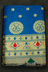 Peacock Blue Paithani Pure Silk Saree with Zari Woven Peacock Pallu and Design Border - Peacock Blue