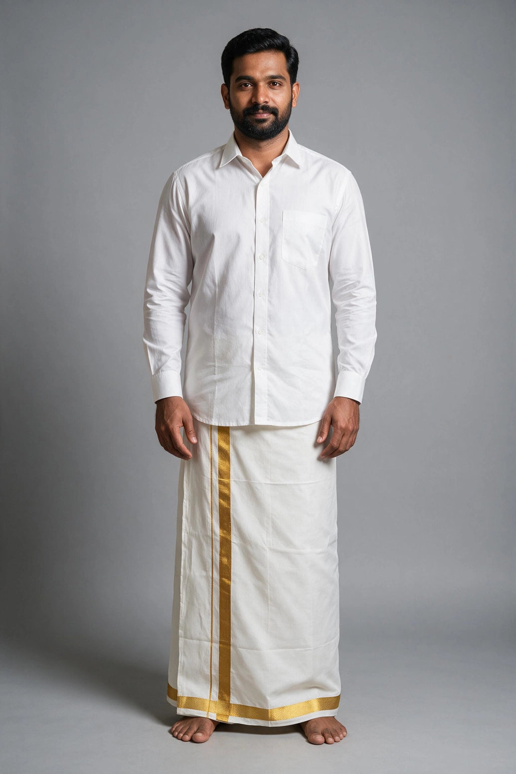 Men Offwhite Cotton Double Dhoti with Woven Gold Zari Border (4 Metre) - Traditional Ethnic Wear - Gold