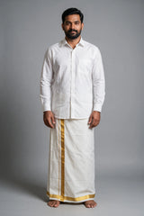 Men Offwhite Cotton Double Dhoti with Woven Gold Zari Border (4 Metre) - Traditional Ethnic Wear - Gold