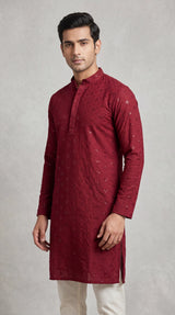 Men's Maroon Lakhnavi Kurta with Sequined Texture and Band Collar for Festive Wear - Maroon