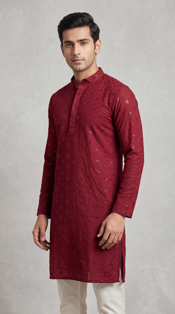 Men's Maroon Lakhnavi Kurta with Sequined Texture and Band Collar for Festive Wear - Maroon