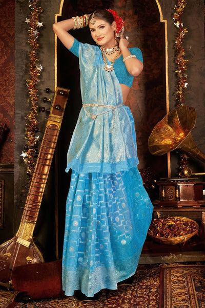 Sky Blue Candy Crush Cotton Weaving Saree with Blouse - Sky Blue