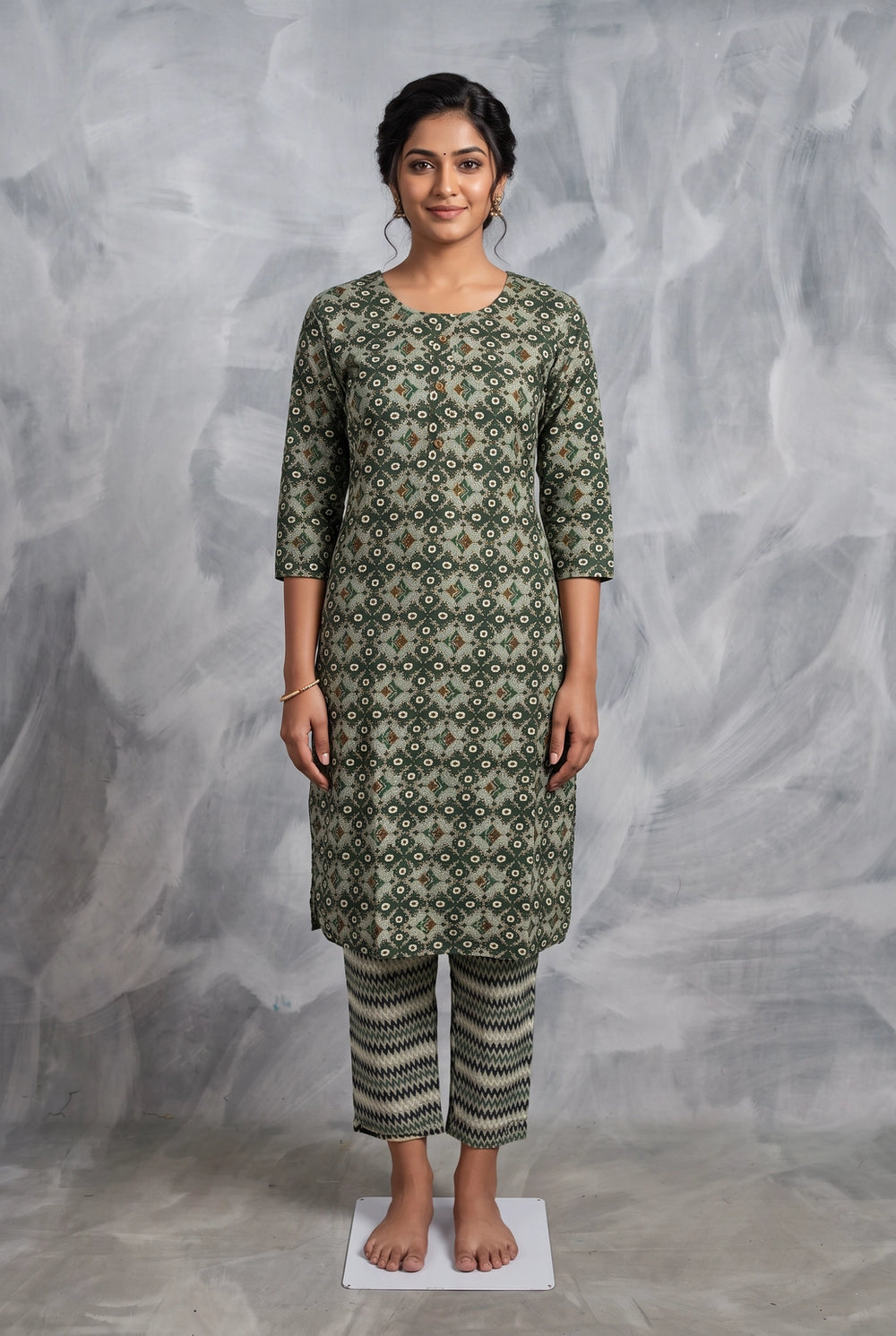 Rama Green Rayon Kurti Pant 2-Piece Set with All-Over Geometric Print & Elastic Waist - Rama Green