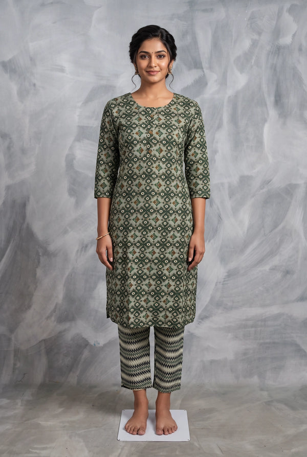 Rama Green Rayon Kurti Pant 2-Piece Set with All-Over Geometric Print & Elastic Waist - Rama Green