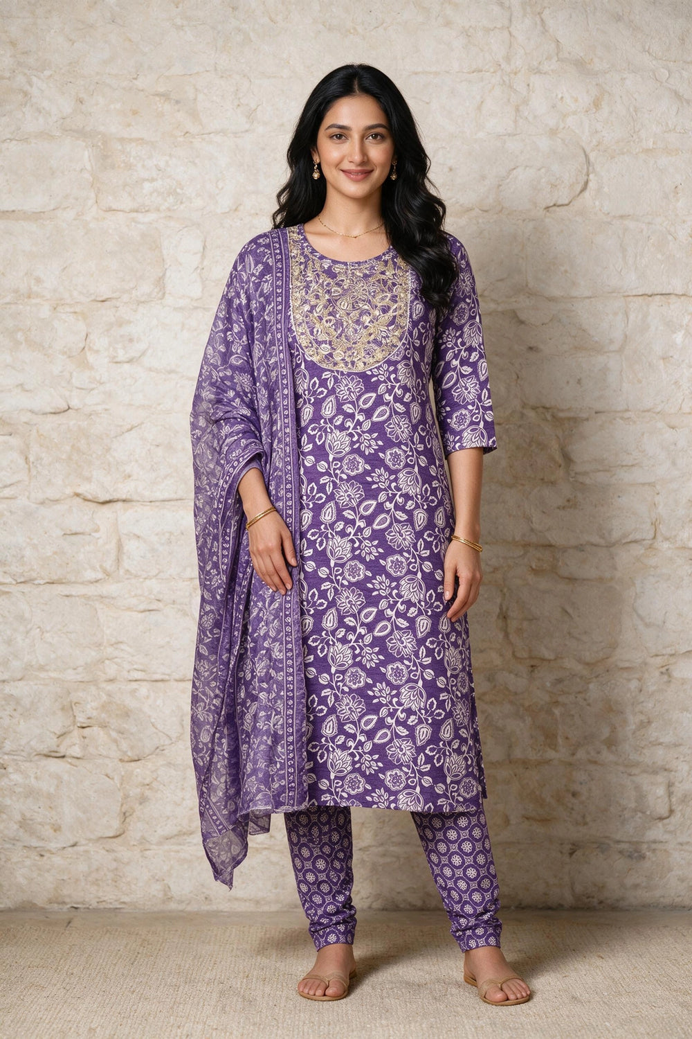 Purple Floral Cotton 3-Piece Kurti Set with Embroidered Neck, Elastic Pant & Matching Dupatta - Purple