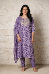 Purple Floral Cotton 3-Piece Kurti Set with Embroidered Neck, Elastic Pant & Matching Dupatta - Purple