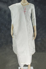 Light Gray Roman Silk 3-Piece Kurta Set with Organza Work Dupatta and Elastic Pant - Light Gray