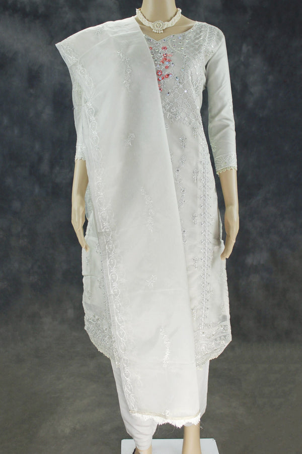 Light Gray Roman Silk 3-Piece Kurta Set with Organza Work Dupatta and Elastic Pant - Light Gray