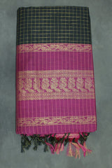 Kalyani Cotton Saree in Black with Zari Checked & Peacock Border and Blouse - Black