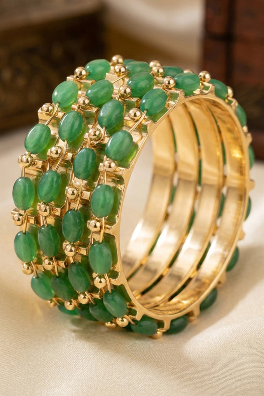 Traditional Gold-Plated Bangles with Beaded Stones (Green/White/Sky Blue) - Statement Ethnic Bracelet for Women