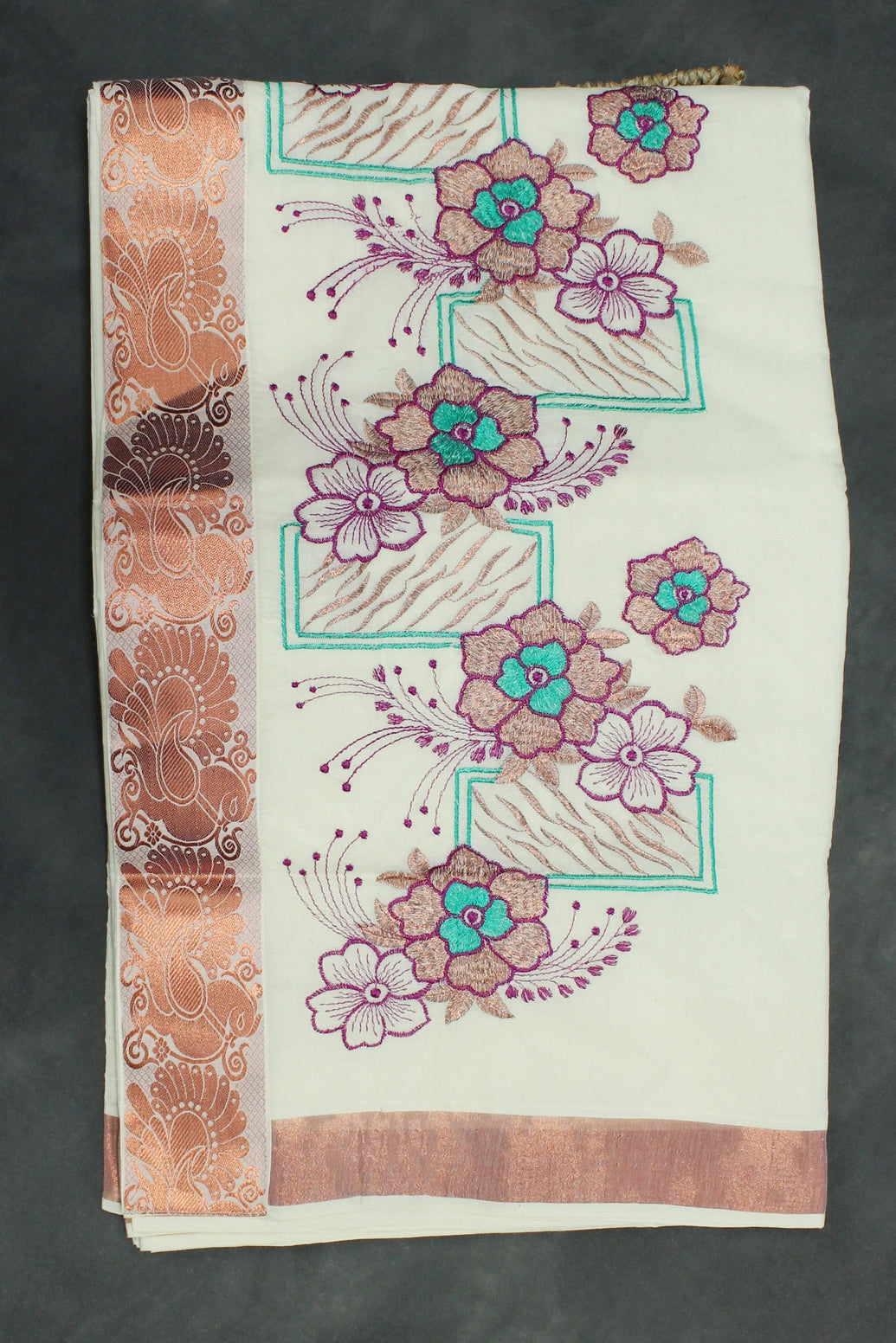 Pure Kerala Cotton White Saree with Copper Zari Floral & Peacock Embroidery - White