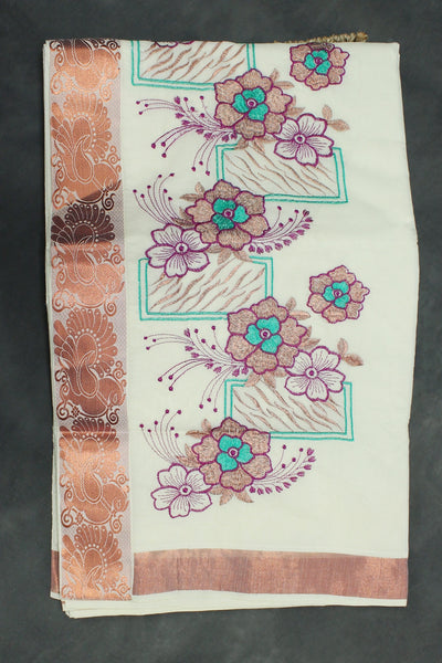 Pure Kerala Cotton White Saree with Copper Zari Floral & Peacock Embroidery - White