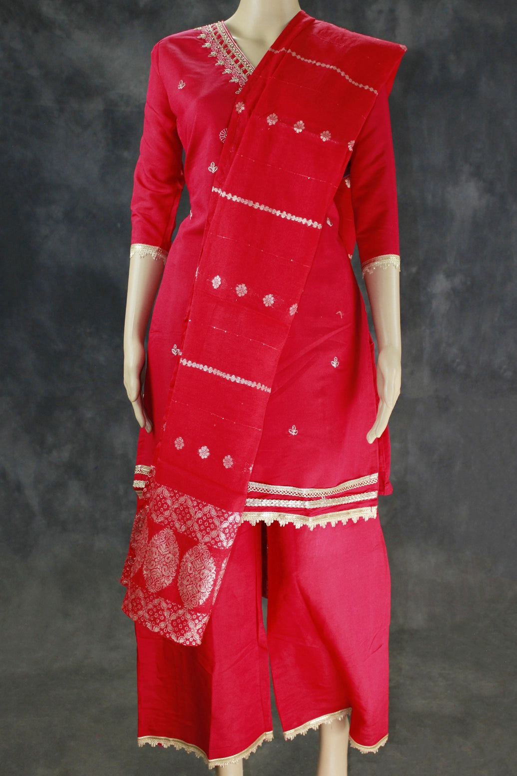 Roman Silk Rani Pink Three-Piece Kurti Set with Banarasi Dupatta