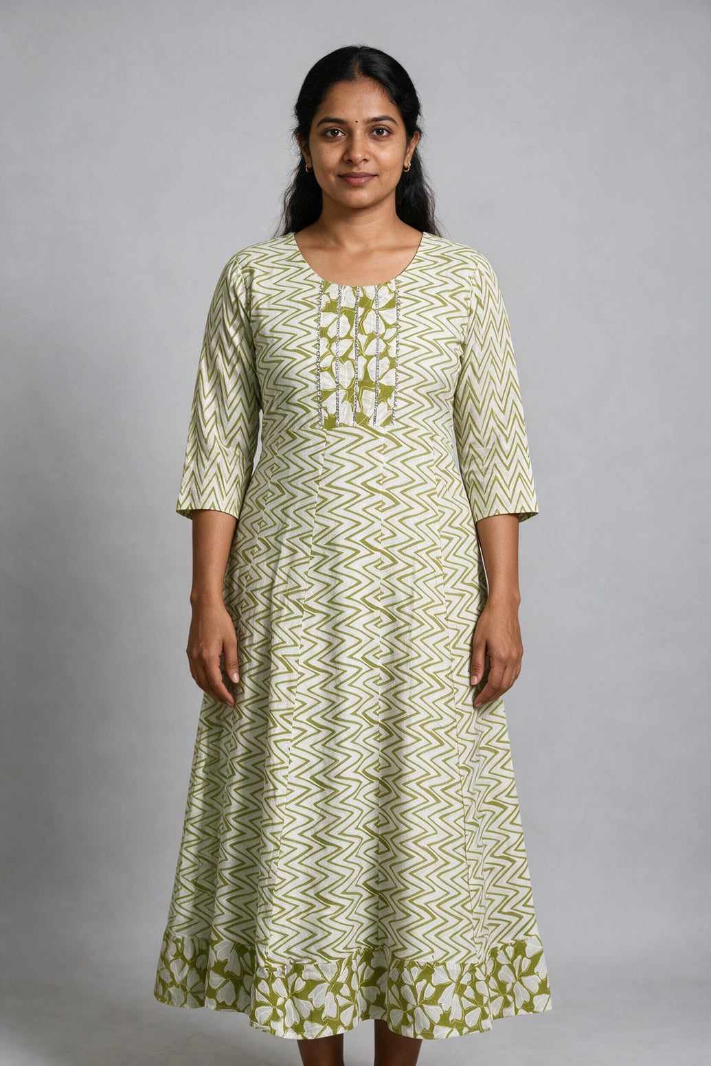 Olive Green Cotton Anarkali Gown with Dori Design, Geometric Floral Print & Golden Piping Detail - Olive Green