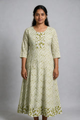 Olive Green Cotton Anarkali Gown with Dori Design, Geometric Floral Print & Golden Piping Detail - Olive Green