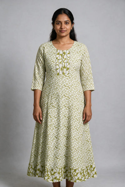 Olive Green Cotton Anarkali Gown with Dori Design, Geometric Floral Print & Golden Piping Detail - Olive Green