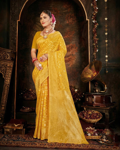 Yellow Crush Cotton Saree with Blouse, Lightweight Weaving Design for Festive Wear - Yellow