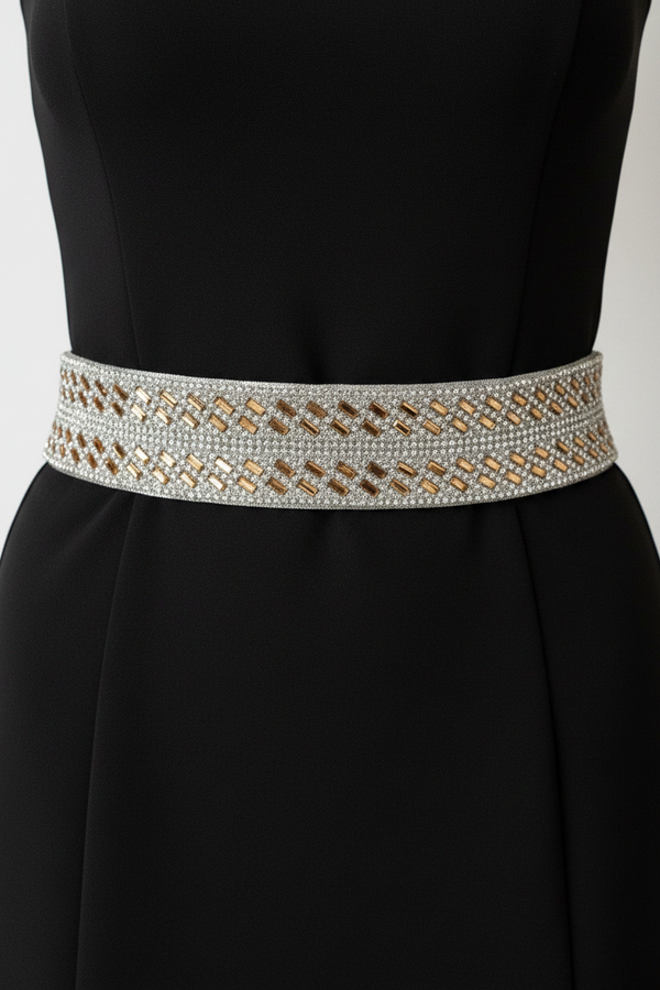 White Silver-Tone Crystal Embellished Elastic Hip Belt