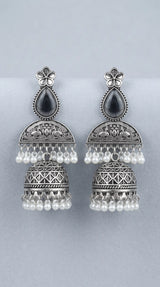 Grey Oxidised Silver-Finish Floral Jhumka Earrings with Pearl Bead Hangings for Traditional Wear - Grey