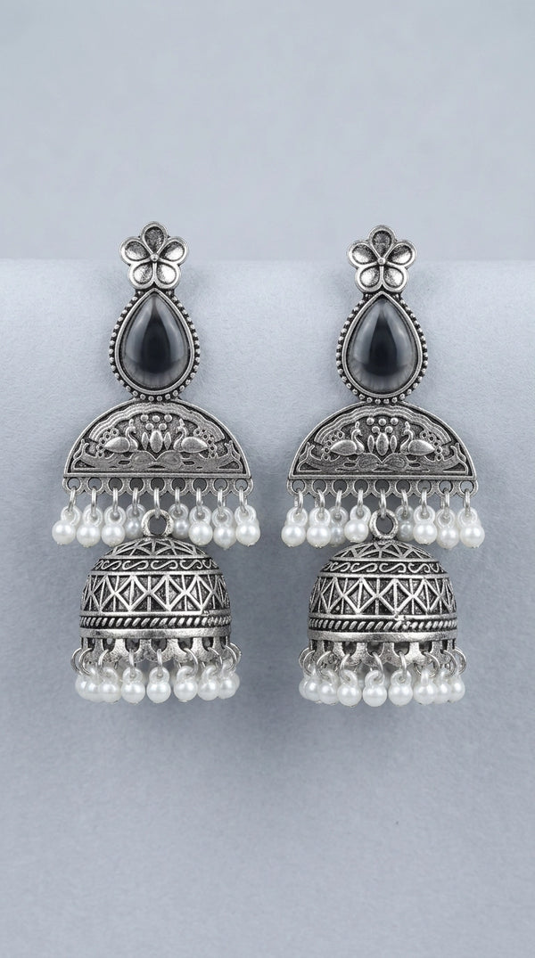 Grey Oxidised Silver-Finish Floral Jhumka Earrings with Pearl Bead Hangings for Traditional Wear - Grey