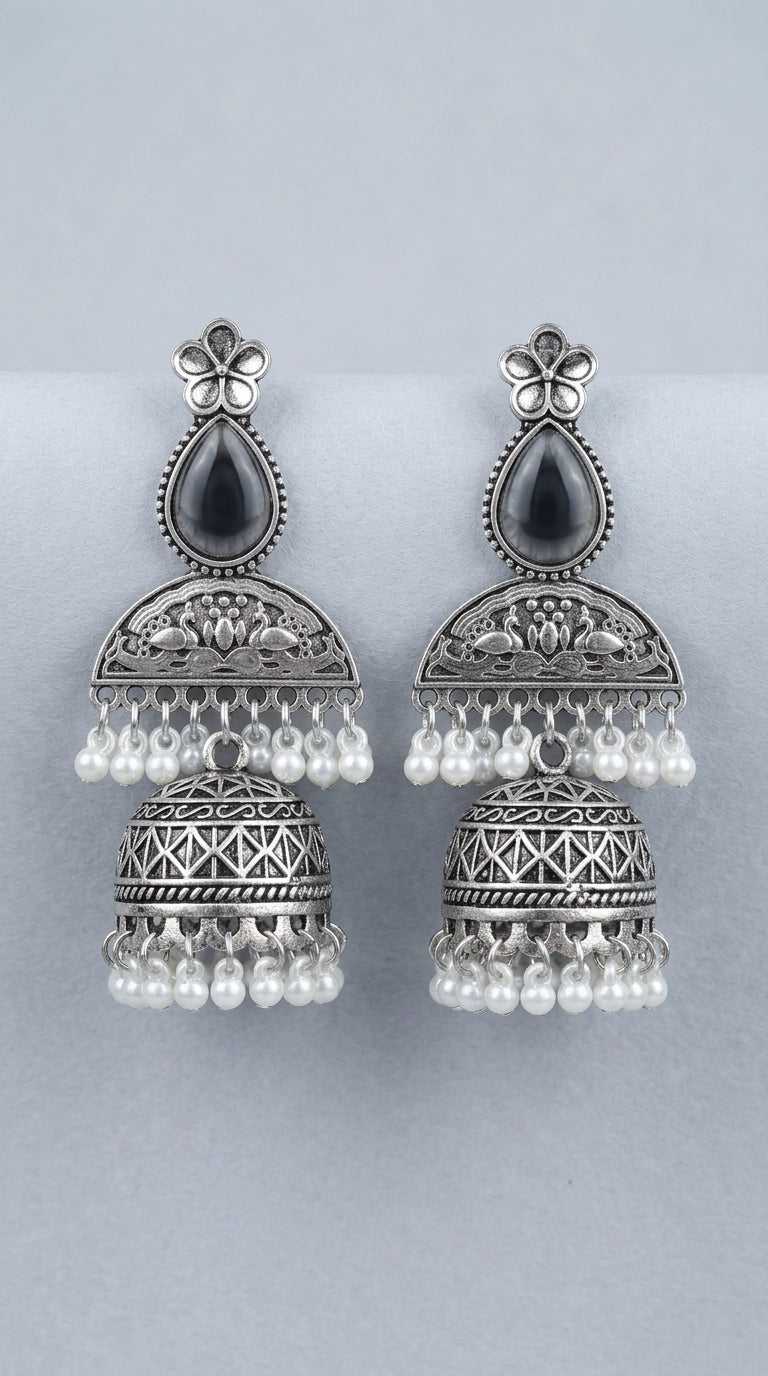 Grey Oxidised Silver-Finish Floral Jhumka Earrings with Pearl Bead Hangings for Traditional Wear - Grey