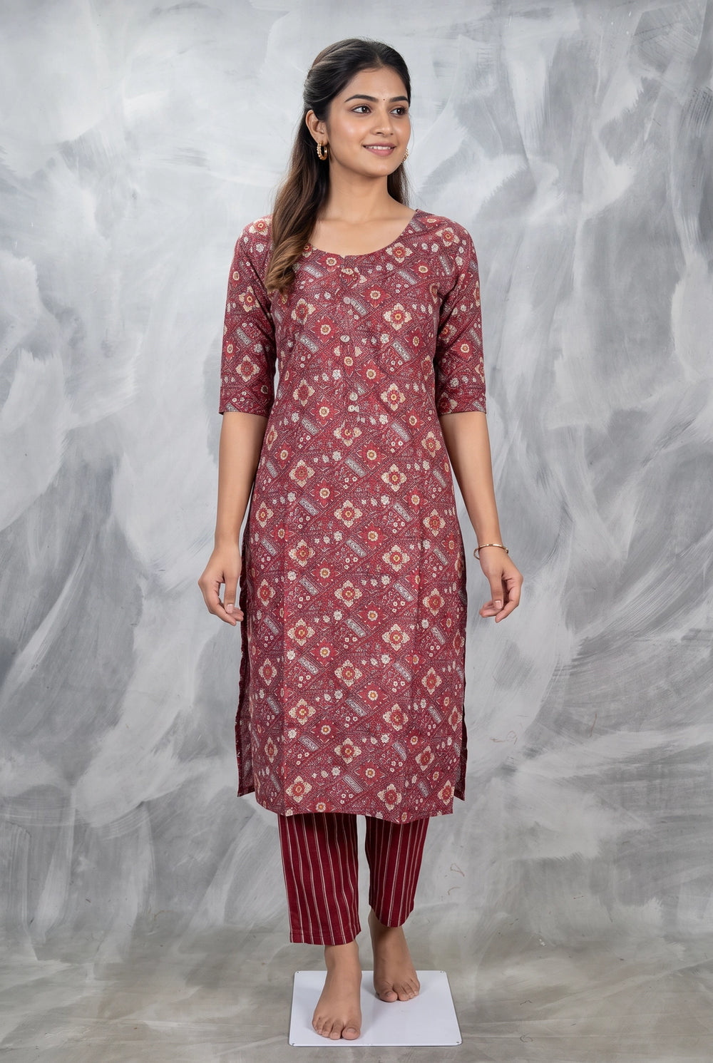 Maroon Rayon Kurti Pant Set with Elastic | Geometric Floral Print, Round Neck 3/4 Sleeves - Maroon