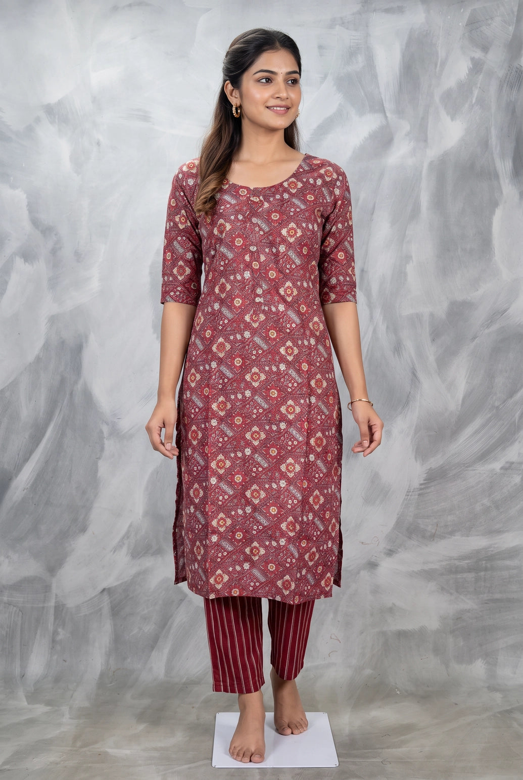 Maroon Rayon Kurti Pant Set with Elastic | Geometric Floral Print, Round Neck 3/4 Sleeves - Maroon