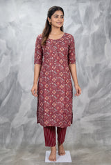 Maroon Rayon Kurti Pant Set with Elastic | Geometric Floral Print, Round Neck 3/4 Sleeves - Maroon